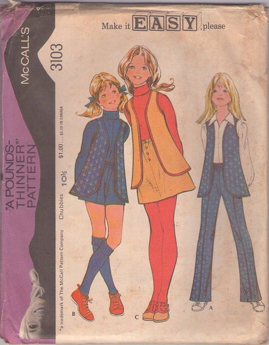 McCall's 3103 Vintage 70's Sewing Pattern Teen Separates, Girls' Brady Bunch Partridge Family Vest Jacket, Mini Skirt, Shorts, Pants Size 10.5