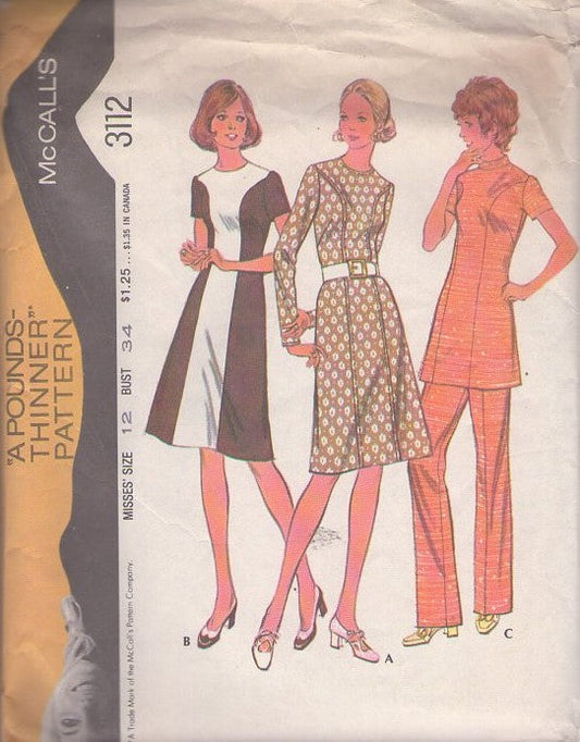 McCall's 3112 Vintage 70's Sewing Pattern Mod Dress, Top, Optic Wonder Space Age Contrast Color Block Front Panel Secretary Dress, Tunic Top & Pants, Pantsuit Size 12