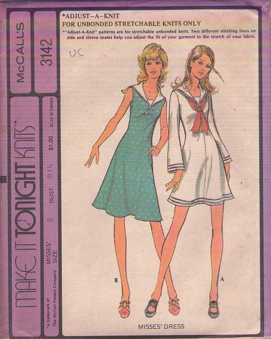 McCall's 3142 Vintage 70's Sewing Pattern Mod Dress, Sailor Collar, Fit & Flared, Mini or Knee Length, 2 Styles Size 8