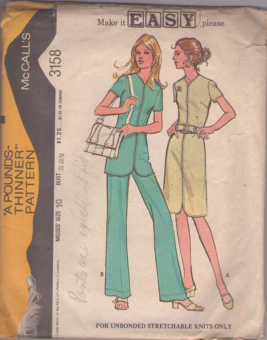 McCall's 3158 Vintage 70's Sewing Pattern Casual Separates, Make It Easy Secretary Front Zip Dress or Tunic Top Blouse & Pants, Pantsuit Size 10