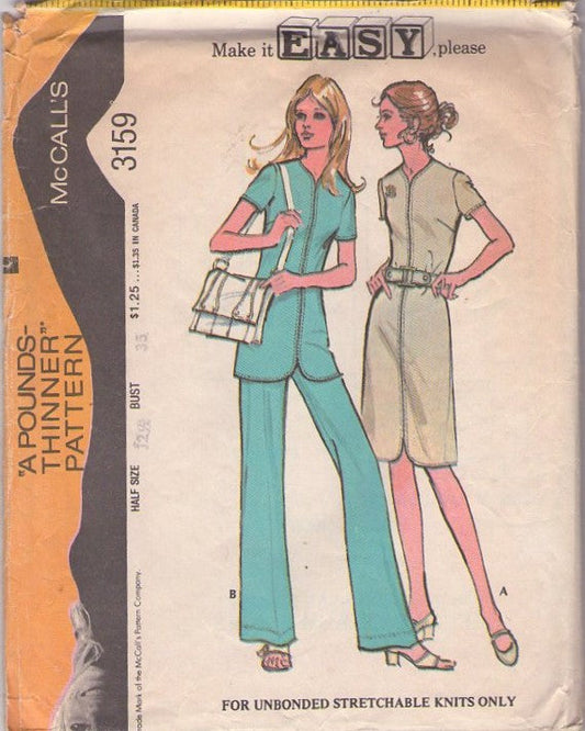 McCall's 3159 Vintage 70's Vintage 70's Sewing Pattern Casual Separates, Make It Easy Secretary Front Zip Dress or Tunic Top Blouse & Pants, Pantsuit Size 12.5