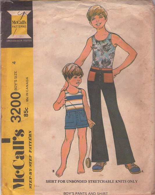 McCall's 3200 Vintage 70's Sewing Pattern Boys' Separates, Tank Top Shirt, Cargo Snap Pockets Shorts, Hip Huggers Bell Bottoms Pants or Jeans Size 4