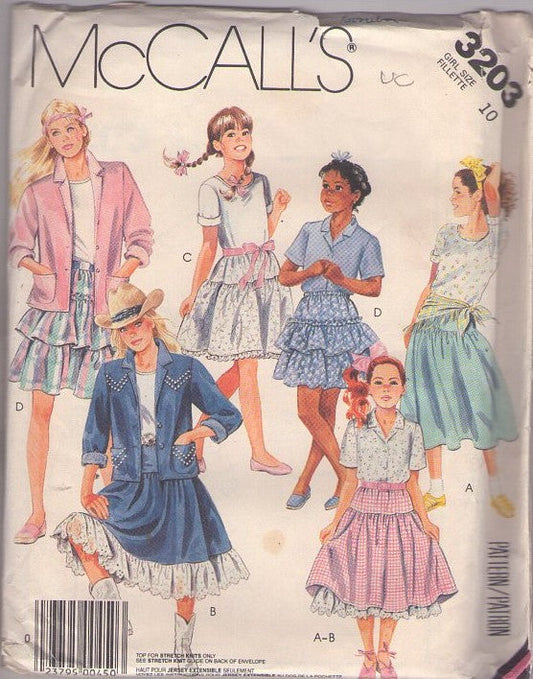 McCall's 3203 Vintage 80's Sewing Pattern Girls' Separates, Brat Pack Oversized Blazer Shirt Jacket, Blouse, Tshirt Top, Ruffled Western Prairie Skirt, Yoked or Tiers, Petticoat Size 10