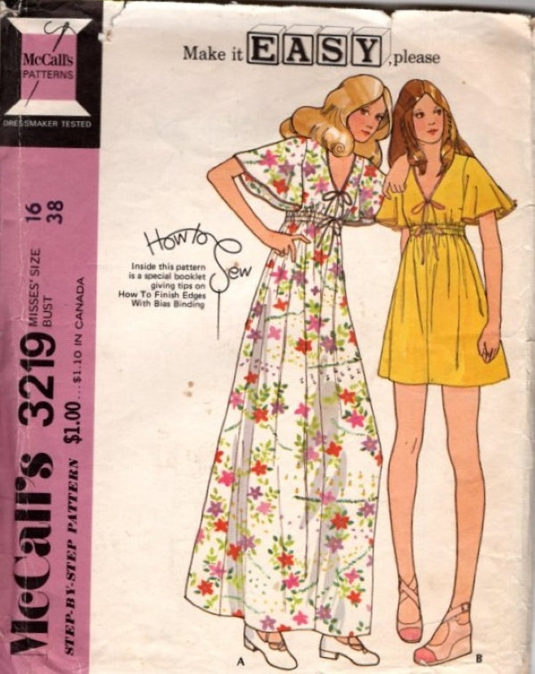 McCall's 3219 Vintage 70's Sewing Pattern Easy Disco Angel Sleeve Maxi Gown, Pullover High Waist Mini Dress Size 16