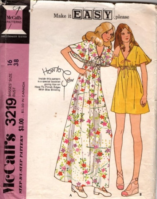 McCall's 3219 Vintage 70's Sewing Pattern Easy Disco Angel Sleeve Maxi Gown, Pullover High Waist Mini Dress Size 16