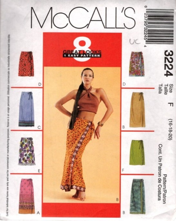 McCall's 3224 Retro 2001 Sewing Pattern Easy Wrap Skirt Set, 8 Great Looks, Wrap & Tie, Sarong Boho Size 16-20