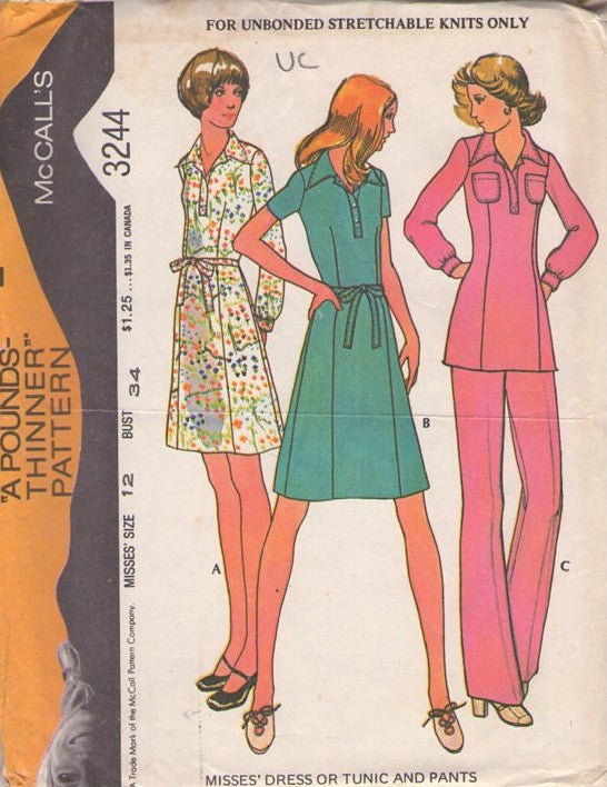 McCall's 3244 Vintage 70's Sewing Pattern Stretchable Knits, Mod Collared Button Band Polo Tunic Top, Secretary Dress, Pants Size 12