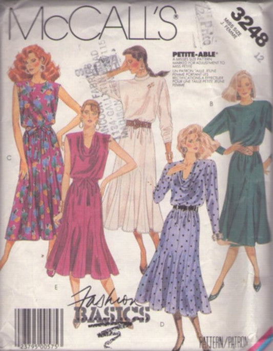 McCall's 3248 Vintage 80's Sewing Pattern Career Dress, Fashion Basics, Fluted Gored Skirt Draped Cowl or Straight Neck Secretary Party Dress 5 Styles Size 12
