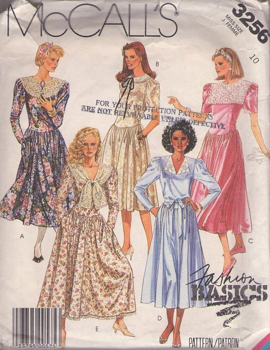 McCall's 3256 Vintage 80's Sewing Pattern Office Party Dresses, Cottagecore Fashion Basics, Victorian Lace Collar Basque Waist Garden Party Dress, 5 Styles Size 10