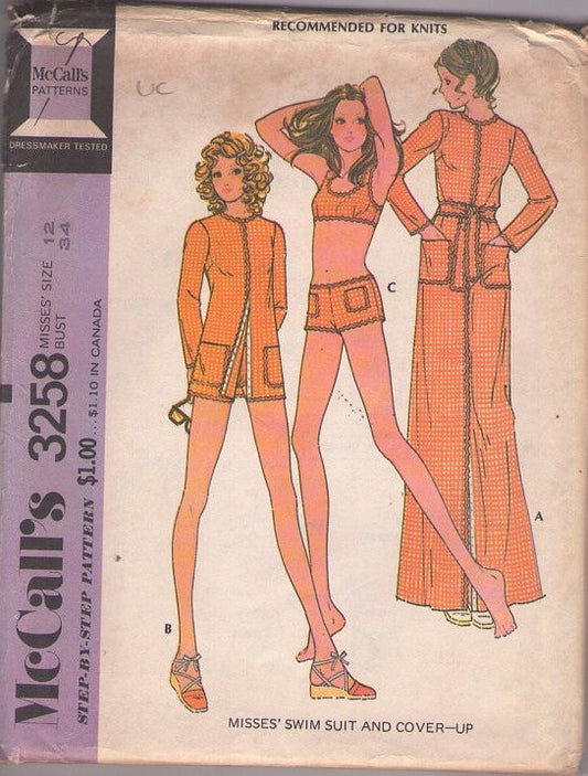 McCall's 3258 Vintage 70's Sewing Pattern Hippie Swimwear, Boho Cropped Bathing Suit Bra Top, Hot Pants Shorts Bottoms, Bikini Swimsuit, Cover Up Jacket, Robe, Beach Coat Size 12
