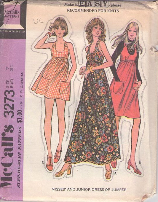 McCall's 3273 Vintage 70's Sewing Pattern Mod Dress Set, Easy Petites, Scoop Neck, Shoulder Buckles, Babydoll Mini Dress, Empire Waist Jumper, Long Disco Boho Maxi Cruise Gown Size 7