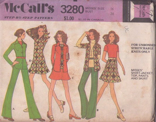 McCall's 3280 Vintage 70's Sewing Pattern Hippie Knits Separates, Pantsuit, Flared Skirt, Shirt Jacket, Top, Pants Size 16