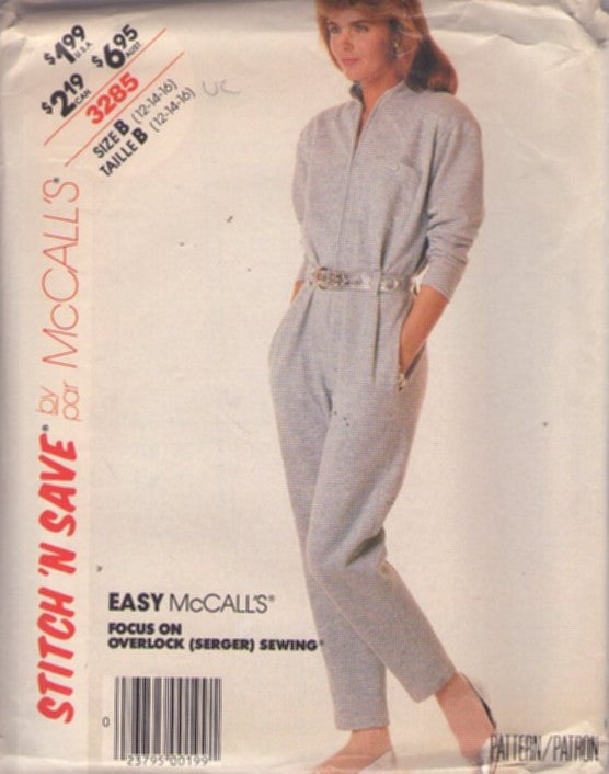 McCall's 3285 Vintage 80's Sewing Pattern Easy Jumpsuits, Stitch N Save, Front Zipper, New Wave Style, Coveralls, Pockets Size 12-16
