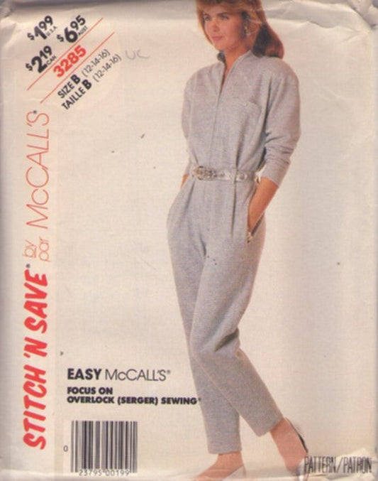 McCall's 3285 Vintage 80's Sewing Pattern Easy Jumpsuits, Stitch N Save, Front Zipper, New Wave Style, Coveralls, Pockets Size 12-16