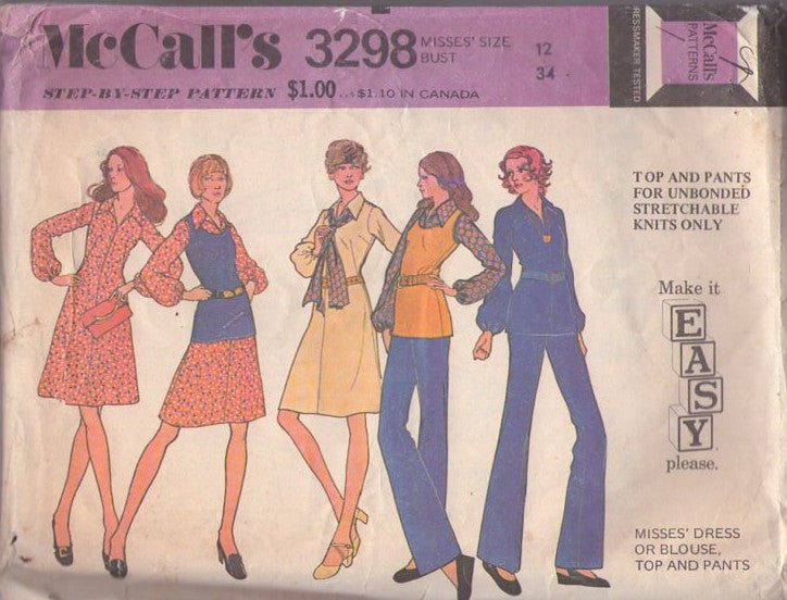 McCall's 3298 Vintage 70's Sewing Pattern Secretary Separates, Fit & Flared Dress, Tank Top, Tunic Top Blouse & Pants Size 12