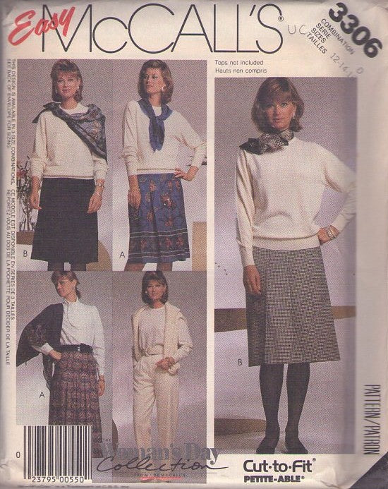 McCall's 3306 Vintage 80's Sewing Pattern Classic Skirts, Easy Collection Pleated Office Secretary Modest Knee Length Skirt, Trousers, Pants Size 12-16