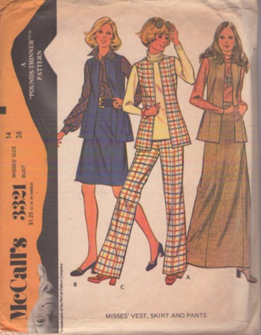 McCall's 3321 Vintage 70's Sewing Pattern Mod Secretary Separates, Panels Short or Maxi Skirt, Pants, Vest Jacket Size 14