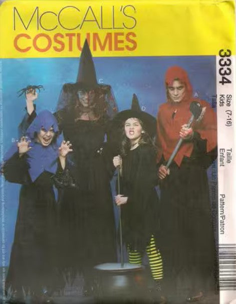 McCall's 3334 Retro 2001 Sewing Pattern Kids' Costumes, Witch, Grim Reaper, Death Cape, Dress, Robe, Hat, Veil Child Size 7-16