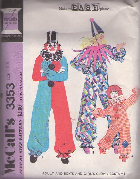 McCall's 3353 Vintage 70's Sewing Pattern Clown Costumes, Groovy Retro Halloween Costume, Pierrot Mime Clown Jumpsuit, Bubble Leg, Patches, Unique Neck Ruffs Size Child 6-8 CUT