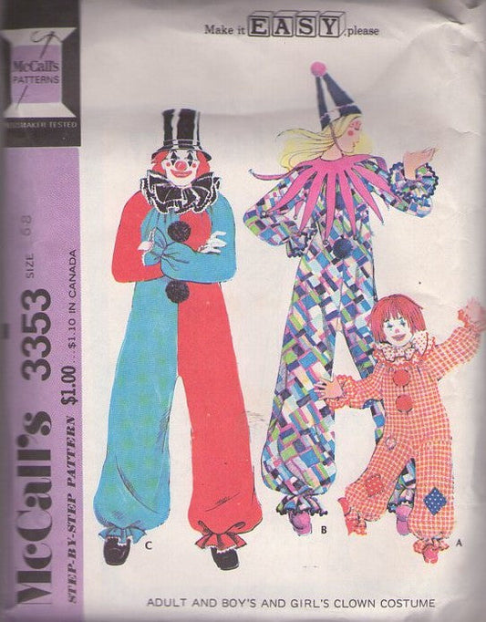 McCall's 3353 Vintage 70's Sewing Pattern Clown Costumes, Groovy Retro Halloween Costume, Pierrot Mime Clown Jumpsuit, Bubble Leg, Patches, Unique Neck Ruffs Size Child 6-8 CUT