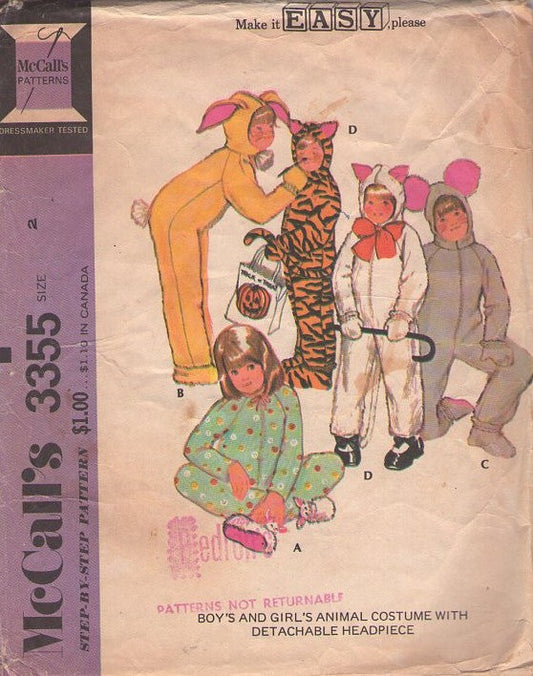 McCall's 3355 Vintage 70's Sewing Pattern Animal Costumes, Boys & Girl's Faux Fur Jumpsuit & Hood, Pajamas Sleeper, Boots Size 2
