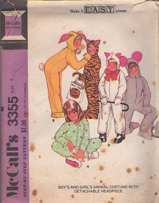 McCall's 3355 Vintage 70's Sewing Pattern Animal Costumes, Boys & Girl's Faux Fur Jumpsuit & Hood, Pajamas Sleeper, Boots Size 4