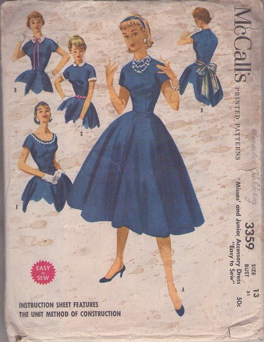 McCall's 3359 Vintage 50's Sewing Pattern EASY Rockabilly Accessory Dress, Collars, Cuffs, Bows Size 13
