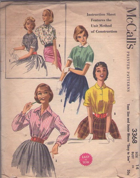 McCall's 3368 Vintage 50's Sewing Pattern Rockabilly Blouse Set, Easy Button Down Shirts, Collar and Sleeve Choice, 5 Styles Size 14