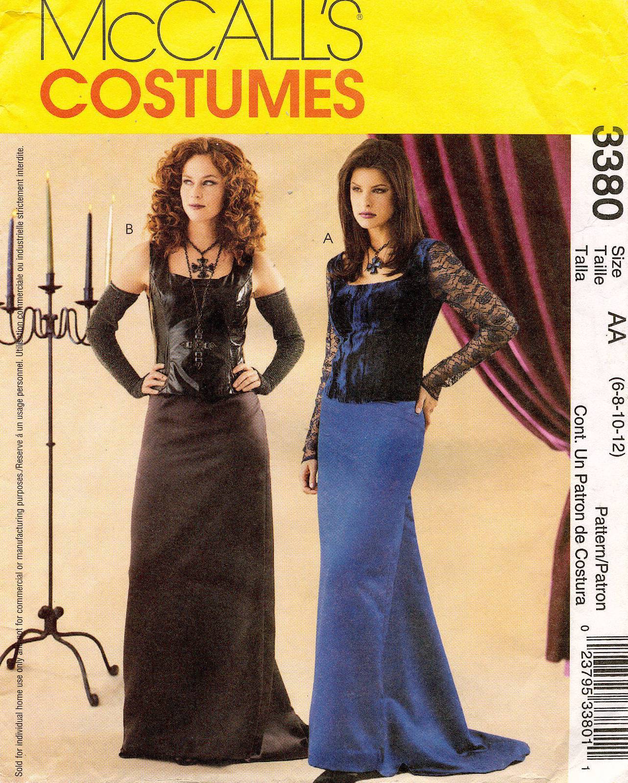 McCall's 3380 Retro 2001 Sewing Pattern Goth Costumes, Wicked Gothic Goth Vampire PVC Vinyl Top, Fantasy Skirt, Gauntlets Gloves Size 6-12
