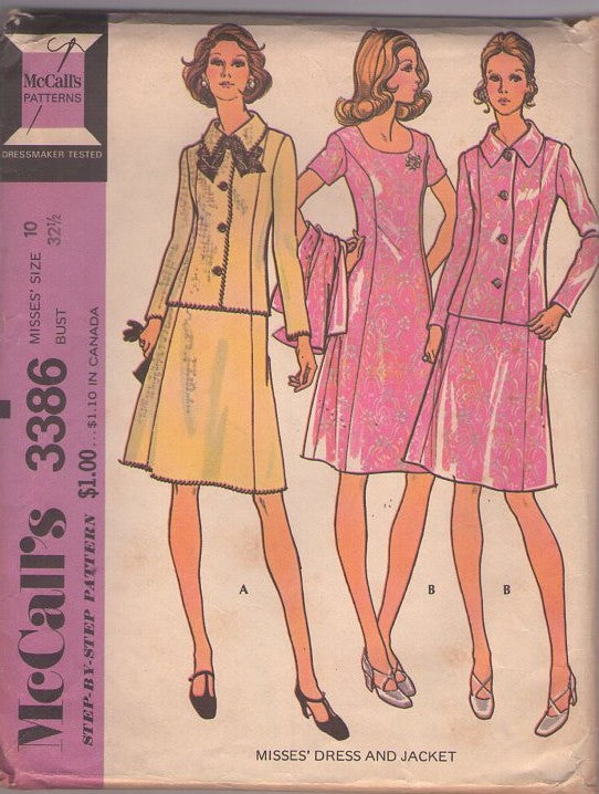 McCall's 3386 Vintage 70's Sewing Pattern Secretary Suit Dress, Princess Seams Dress, Collared Jacket Top Size 10