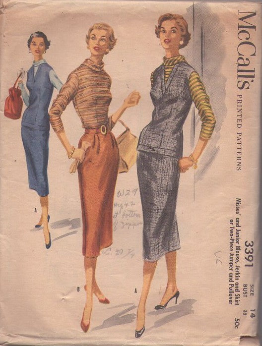 McCall's 3391 Vintage 50's Sewing Pattern Secretary Separates, Rockabilly Vixen, Pleated Fit Slim Skirt, Jerkin Shirt, Pullover Top, 2 Piece Dress or Mix & Match Size 14