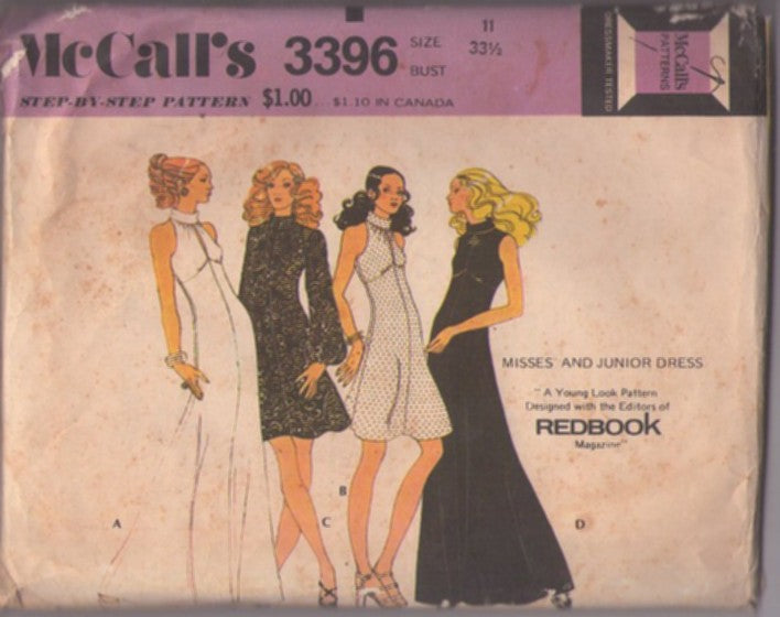 McCall's 3396 Vintage 70's Sewing Pattern Disco Party Dresses, Risque Slit Neck Shaped Empire Waist Evening Gown, Cocktail Party Dress Set 4 Styles Size 11