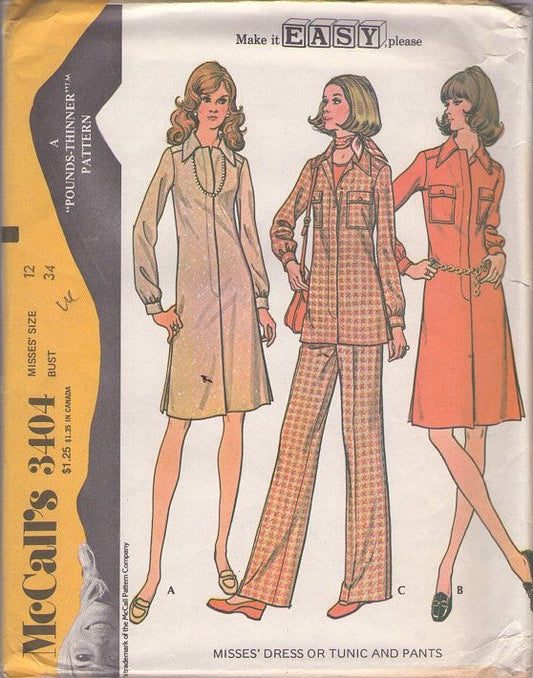 McCall's 3404 Vintage 70's Sewing Pattern Secretary Separates, Make it Easy Please, Dress with Side Vents, Pockets, Collar, Concealed Front Zipper, Shirt Jacket Top & Pants Size 12
