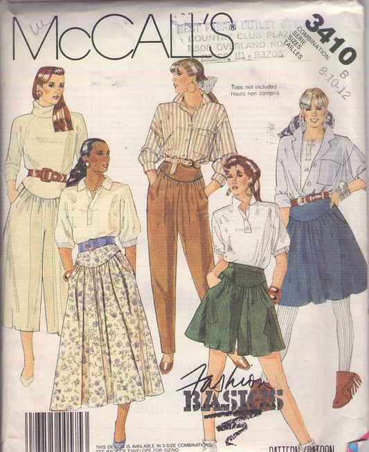 McCall's 3410 Vintage 80's Sewing Pattern Yoked Skirt, Flared New Wave Shorts, Pants, Gauchos, Hip Yoke 5 Styles Size 8-12