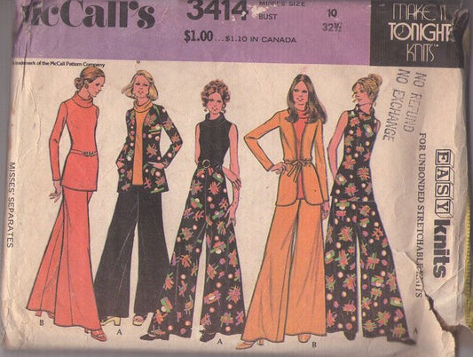 McCall's 3414 Vintage 70's Sewing Pattern Knit Separates, Make It Tonight Knits Cowl Neck Top, Shirt, Palazzo Leg Pants, Jacket Cover Up EASY Size 10