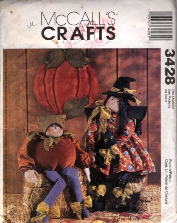 McCall's 3428 Retro 2001 Sewing Pattern Fall Autumn Halloween Crafts, Stuffed Pumpkin Doll, Witch with Cat, Wall Décor OZ