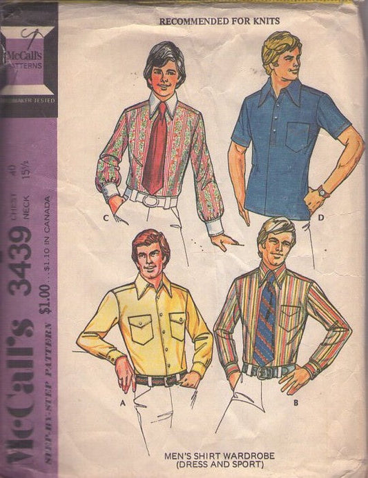McCall's 3439 Vintage 70's Sewing Pattern Men's Shirts, Dress and Sport Shirts with Collar, Buttons, Pockets Size 40 L