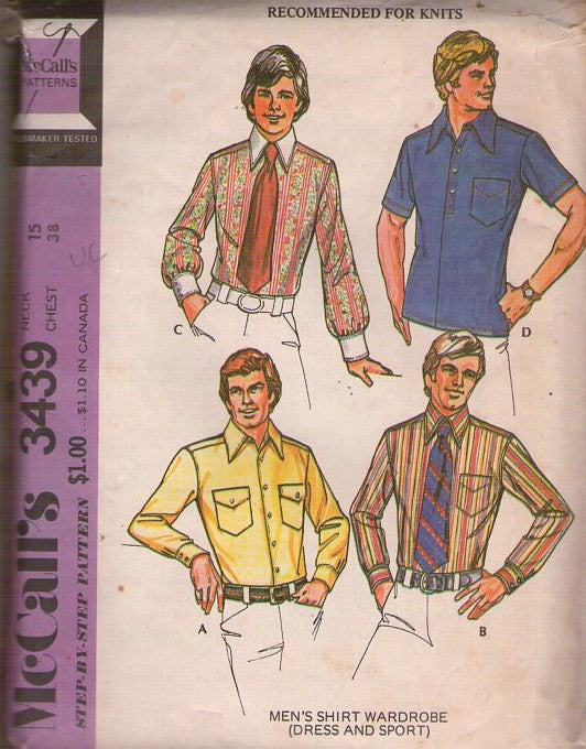 McCall's 3439 Vintage 70's Sewing Pattern Men's Shirts, Dress and Sport Shirts with Collar, Buttons, Pockets Size 38 L