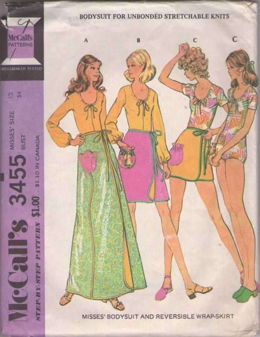 McCall's 3455 Vintage 70's Sewing Pattern Mod Summer Set, Scoop Neck Stretch Knits Bubble Leg Bodysuit, Leotard, Wrap Around Pouch or Tulip Shaped Pocket Reversible Mini, Regular or Maxi Skirt Size 12
