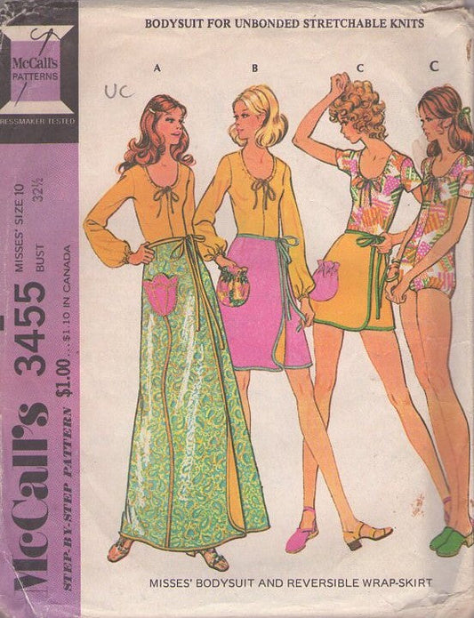McCall's 3455 Vintage 70's Sewing Pattern Mod Summer Set, Scoop Neck Stretch Knits Bubble Leg Bodysuit, Leotard, Wrap Around Pouch or Tulip Shaped Pocket Reversible Mini, Regular or Maxi Skirt Size 10