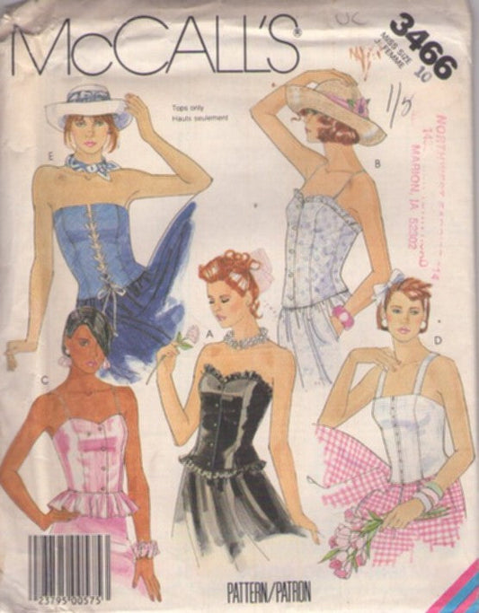McCall's 3466 Vintage 80's Sewing Pattern Corset Tops, Madonna Bustier Set, Eyelet, Lace Up or Hooks & Eyes Front, 5 Styles Size 10
