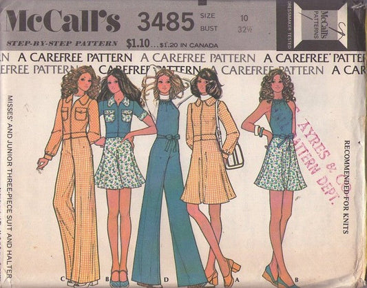 McCall's 3485 Vintage 70's Sewing Pattern Disco 3 Piece Suit, Carefree Hip Band Jacket, Flared Mini Skirt, Halter Top & Pants Size 10