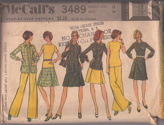 McCall's 3489 Vintage 70's Sewing Pattern Secretary Separates, Back Zip Top, Shirt Jacket Blouse, Pleated Short Skirt, Wide Leg Pants Size 12