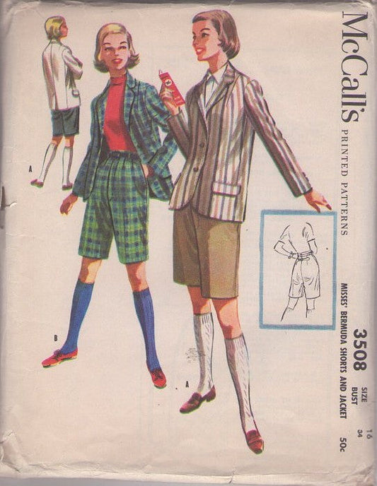 McCall's 3508 Vintage 50's Sewing Pattern Modest Shorts Set, Kate Hepburn Style Long Modest Bermuda Walking Shorts, Blazer Suit Jacket, Shorts Suit Size 16