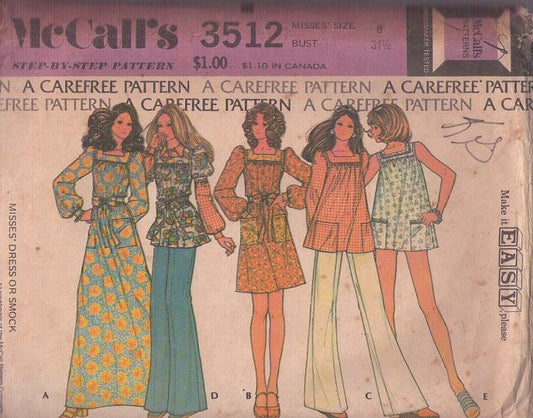 McCall's 3512 Vintage 70's Sewing Pattern Hippie Smock Top, Babydoll Mini Dress, Prairie Blouse or Gown Set, 5 Styles Size 8