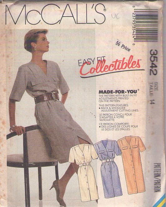 McCall's 3542 Vintage 80's Sewing Pattern Secretary Dress, Smart Easy Fit Collectibles Made for You V Neck Boxy Shoulder Front Buttoned Secretary Coat Dress, Belt or Wear Loose Size 14