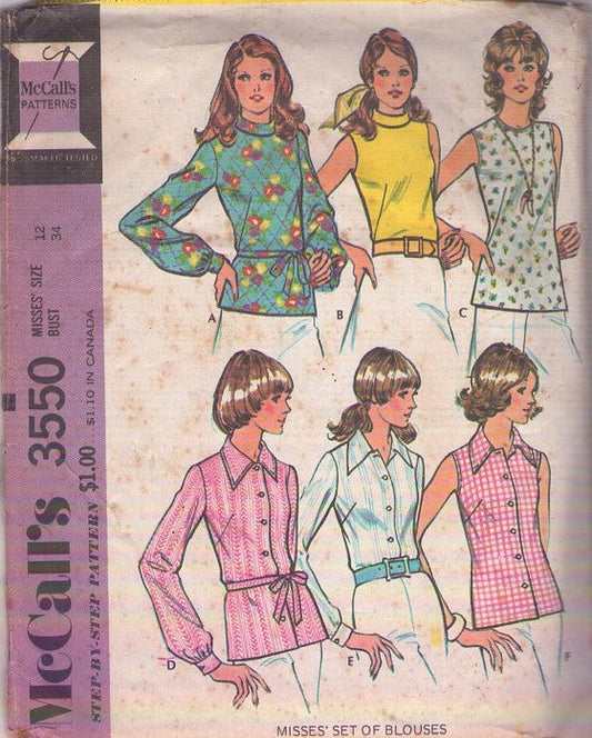 McCall's 3550 Vintage 70's Sewing Pattern Retro Blouse Set, Casual Housewife, Pullover or Button Up, 6 Styles Size 12
