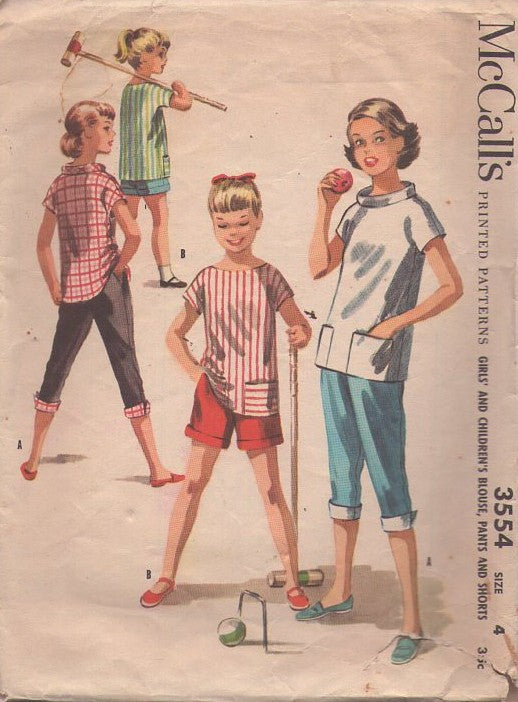 McCall's 3554 Vintage 50's Sewing Pattern Girls' Sportwear, Pullover Blouse, Top, Shorts, Cuffed Capri Pants Size 4