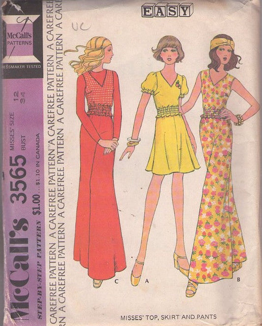 McCall's 3565 Vintage 70's Sewing Pattern Casual Separates, Easy Boho Smocked V Neck Top, Shirt Set, Flared Mini Skirt, Wide Leg Palazzo Bell Bottoms Pants Size 12