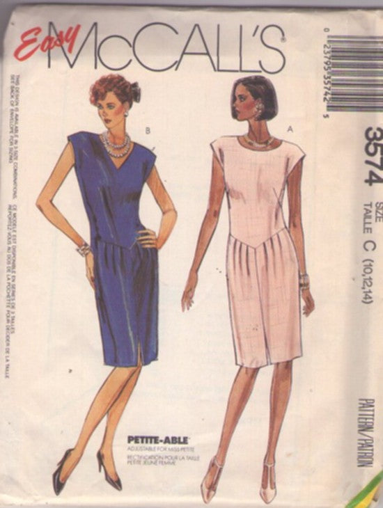 McCall's 3574 Vintage 80's Sewing Pattern Sheath Dress, Easy Cap Sleeve, Basque Waist, Pleated Skirt Office Party Dress Size 10-14
